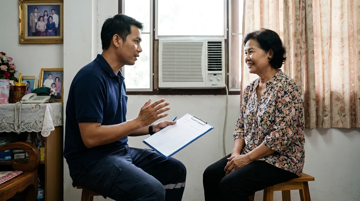 ช่างแอร์อธิบายค่าบริการล้างแอร์ให้ลูกค้า อุดรธานี